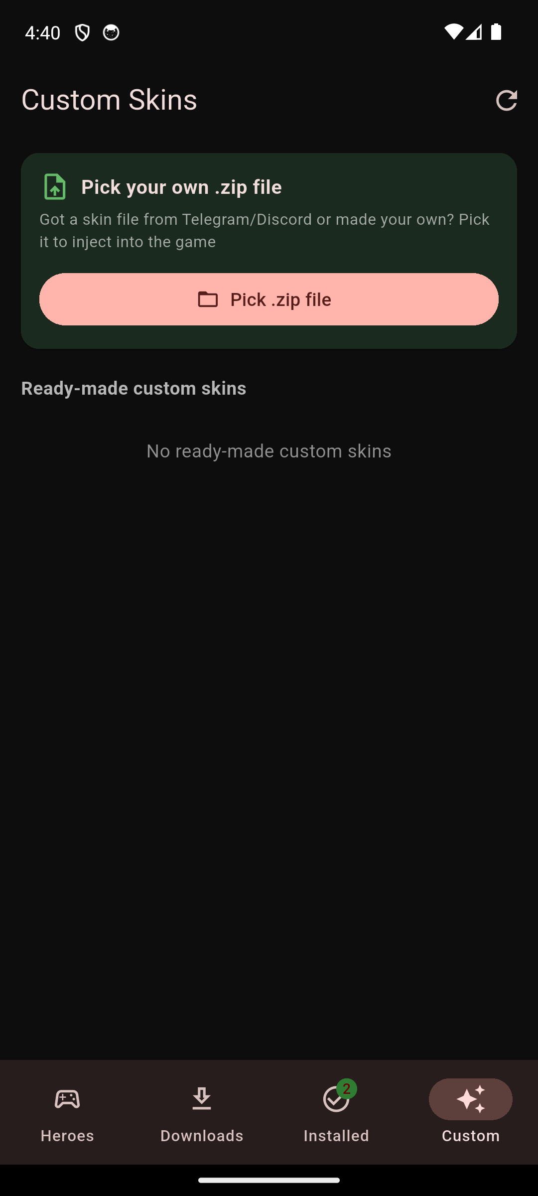 Custom skins screen