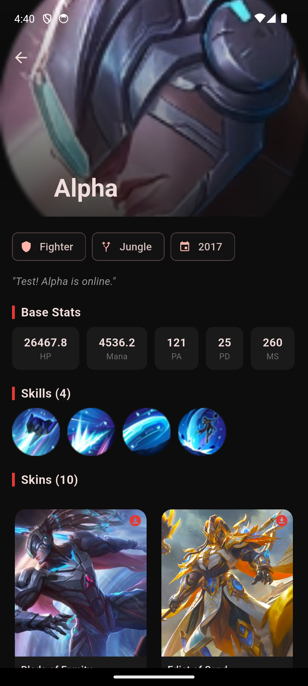 Hero detail with skins